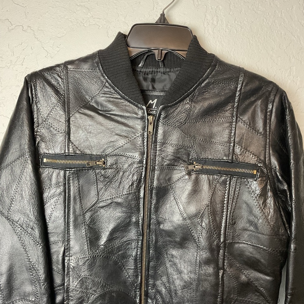 M. Collection Women’s Black Leather Patchwork Zip Up Bomber Jacket Sz Med - Picture 3 of 15